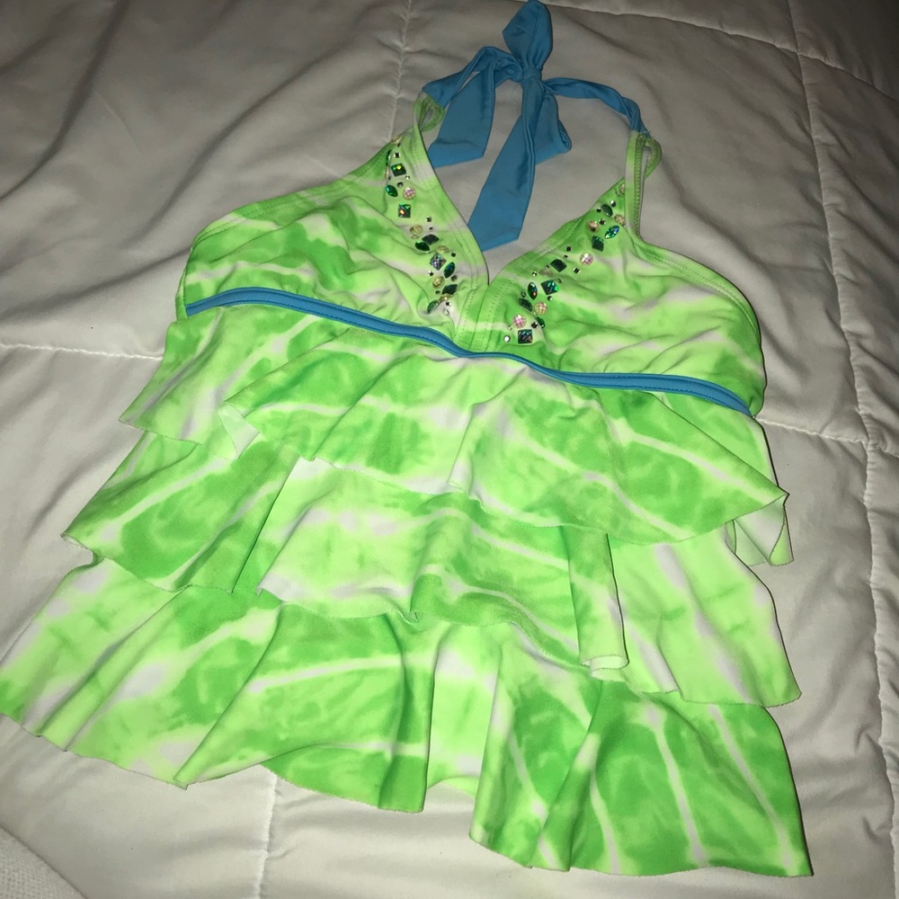 Two piece green and white ruffles swim suit